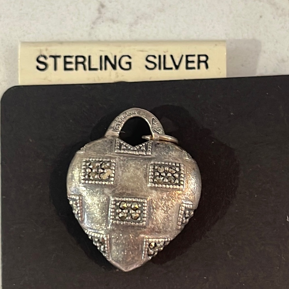 925 Marcasite Solid Heart Pendant - image 1